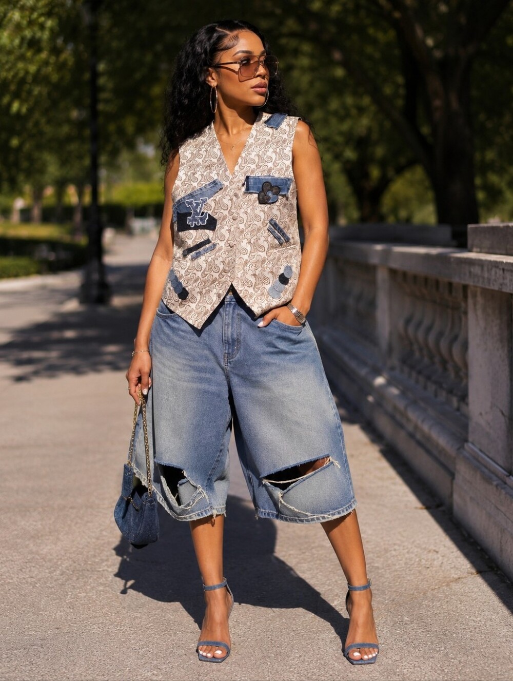 Upcycled  LV Inspired Vest with LV Denim Accents Paisley Printed